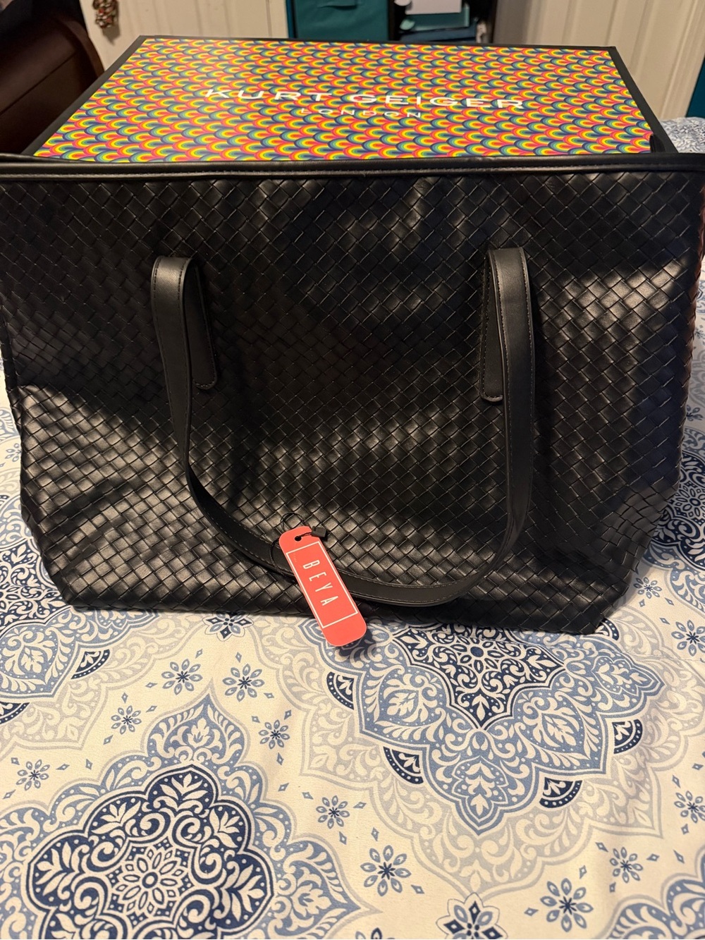 Black Woven Tote Bag with Colorful Tag